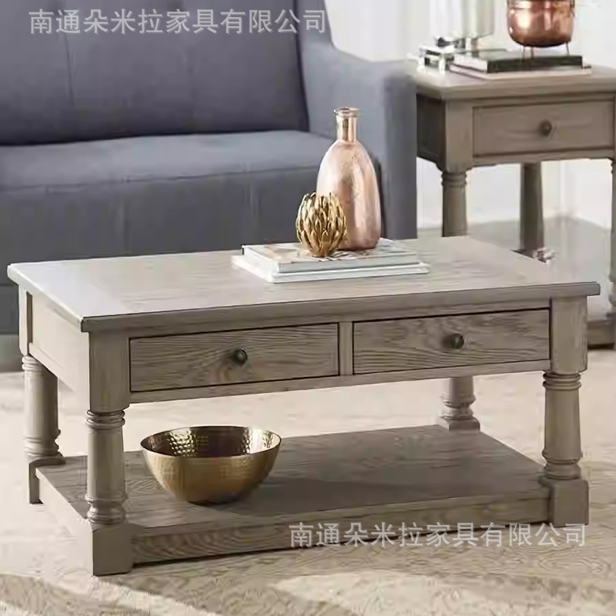 RH美式乡村实木茶几美式复古客厅长方形咖啡桌抽屉茶桌家具