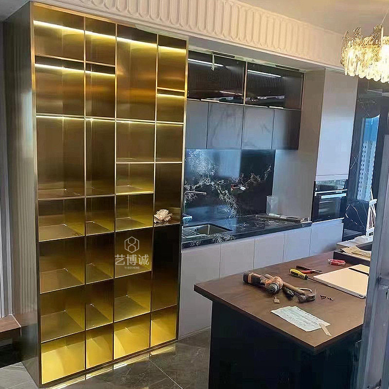 酒店轻奢落地金属装饰柜带灯开放格展示柜置物酒架子不锈钢钢板柜