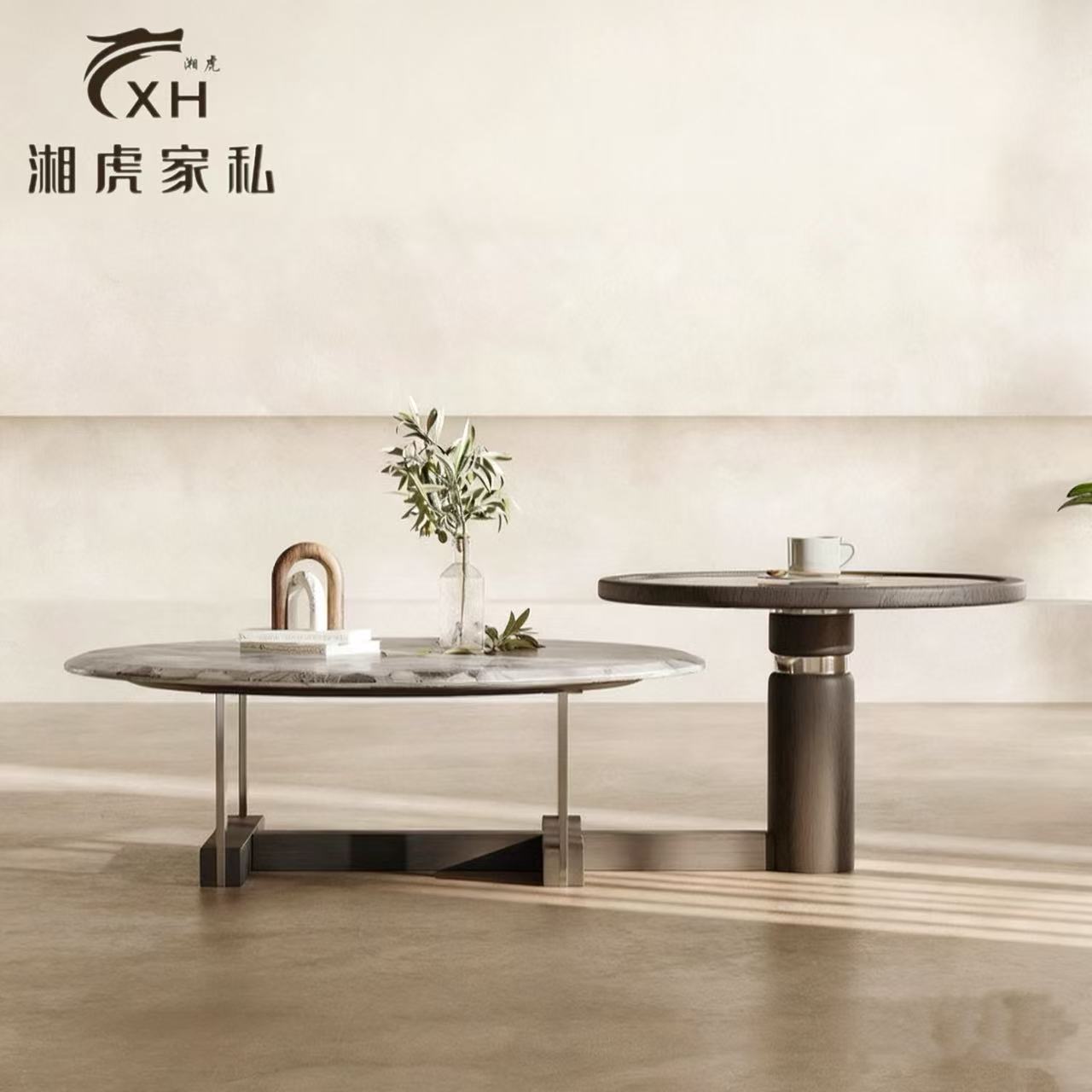 意式白蜡木大理石轻奢小圆茶几