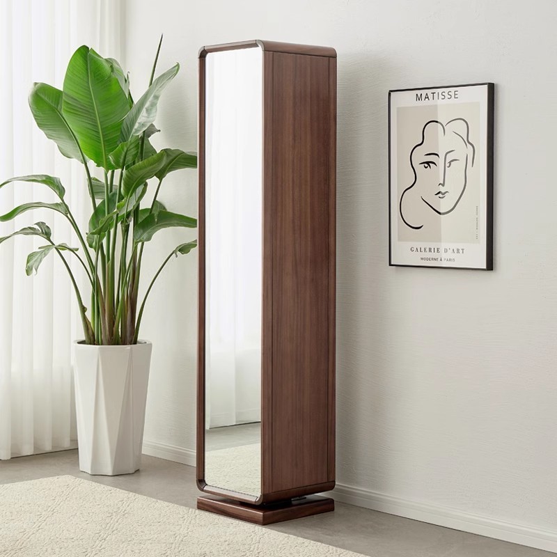 北欧黑胡桃木穿衣镜全身落地镜旋转式镜全实木立式书架家用储物柜