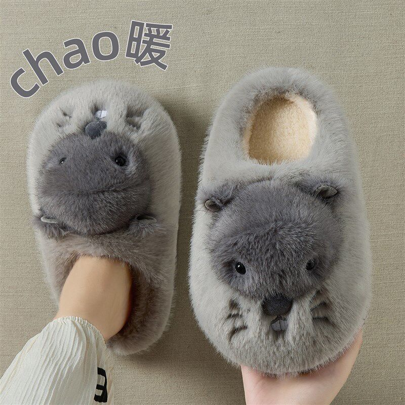 土拨鼠棉拖鞋男款冬季2025新款室内家居保暖防滑防臭厚底加绒棉拖