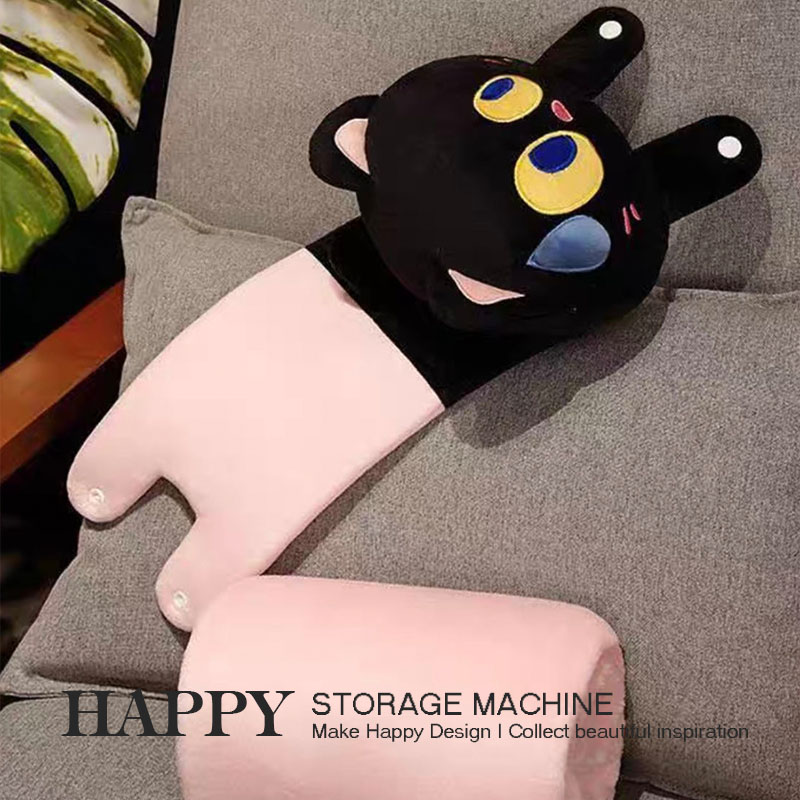HAPPY大眼仔黑猫抱枕空调被可携式办公两用午休毯车载靠枕礼物收