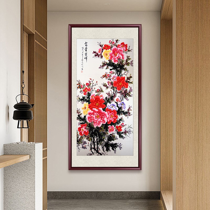 花开富贵挂画手绘真迹牡丹国画y新中式入户玄关装饰画走廊过道壁图片