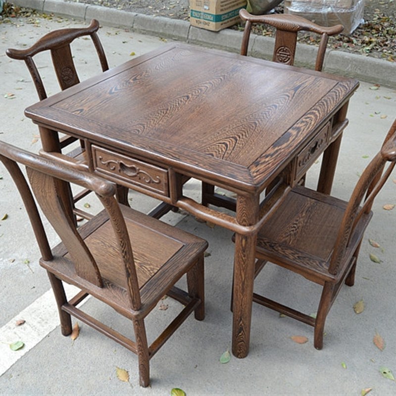 红木家具鸡翅木小方桌实木餐桌椅红木茶桌仿古四方棋牌桌五件套