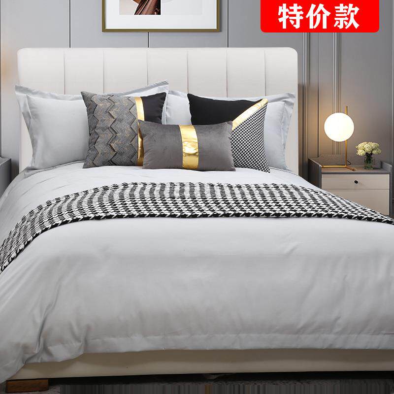 现代轻奢样板房床上用品黑白灰编织抱枕别墅软装简约样板间床品
