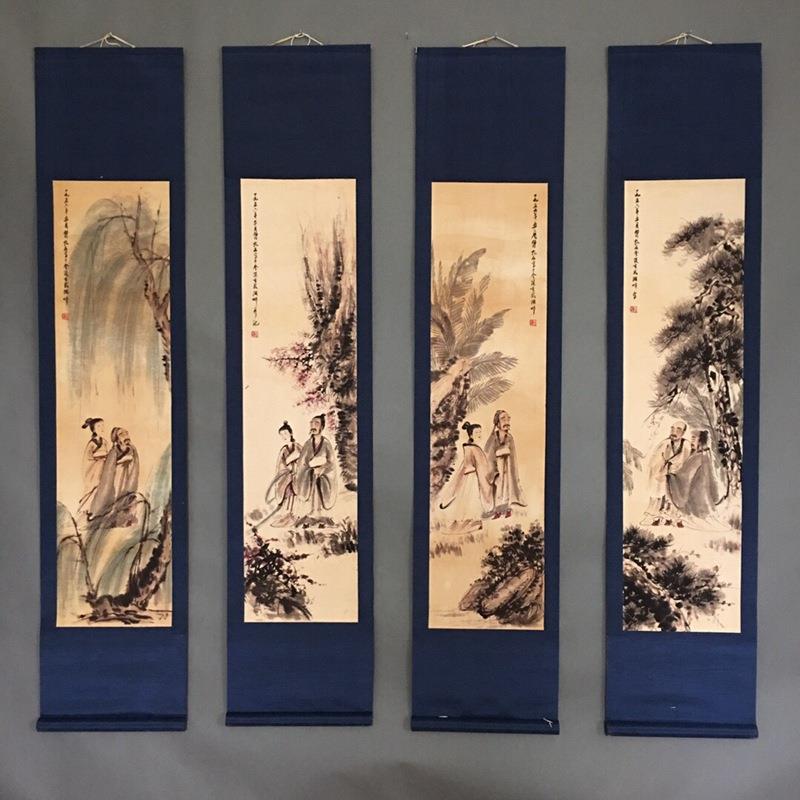古董古玩傅抱石高士仕女挂画字画中堂画挂画四条屏装饰品