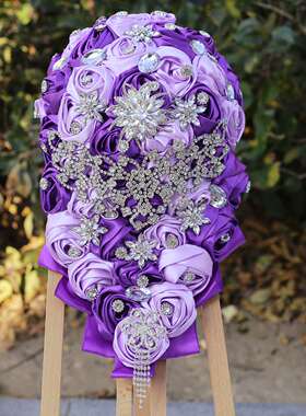 瀑布流苏紫色新娘手捧花水晶仿真结婚教堂婚庆用品PB115C