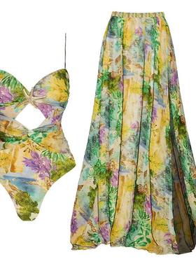 欧美泳装新款海星装饰碎花度假镂空连体泳衣和伞裙套装25149