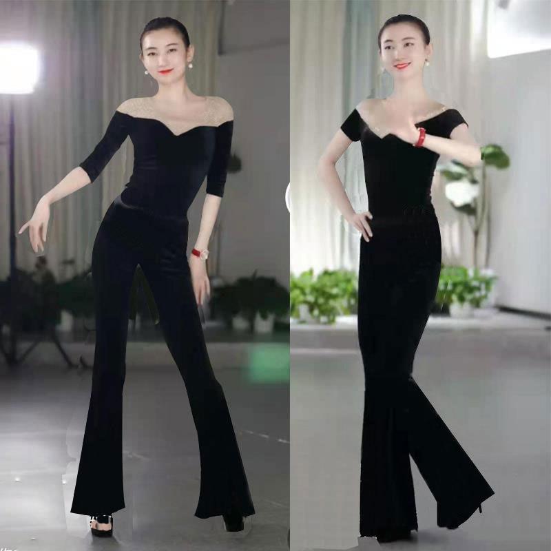 新款网红形体训练服装女练功服现代舞蹈服带暗扣连档金丝绒莫代尔