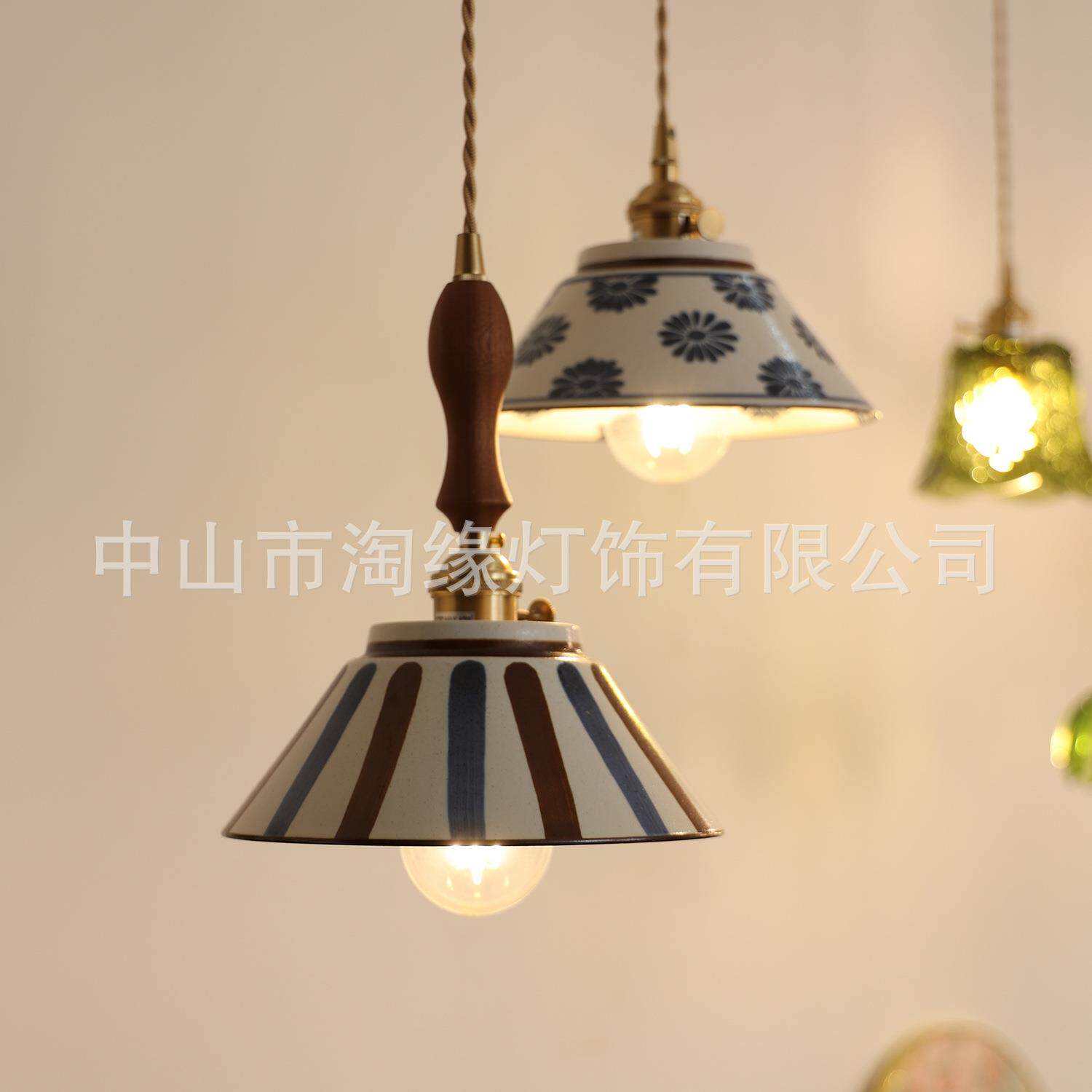 中古风陶瓷彩釉青花吊灯餐厅吧台灯复古中国风岛台茶室陶瓷小吊灯