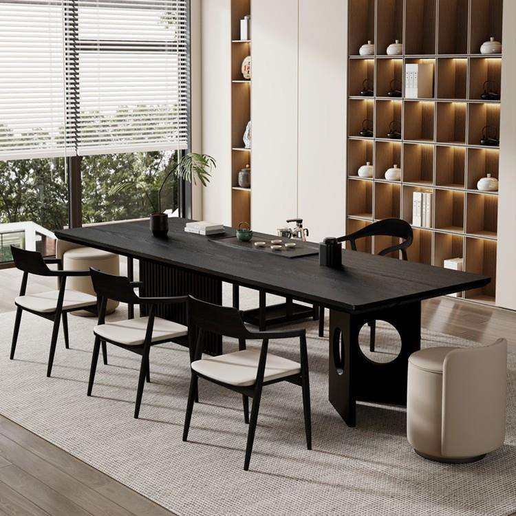 新中式实木餐桌椅组合原木大板茶盘一体泡茶台简约家用办公泡茶桌