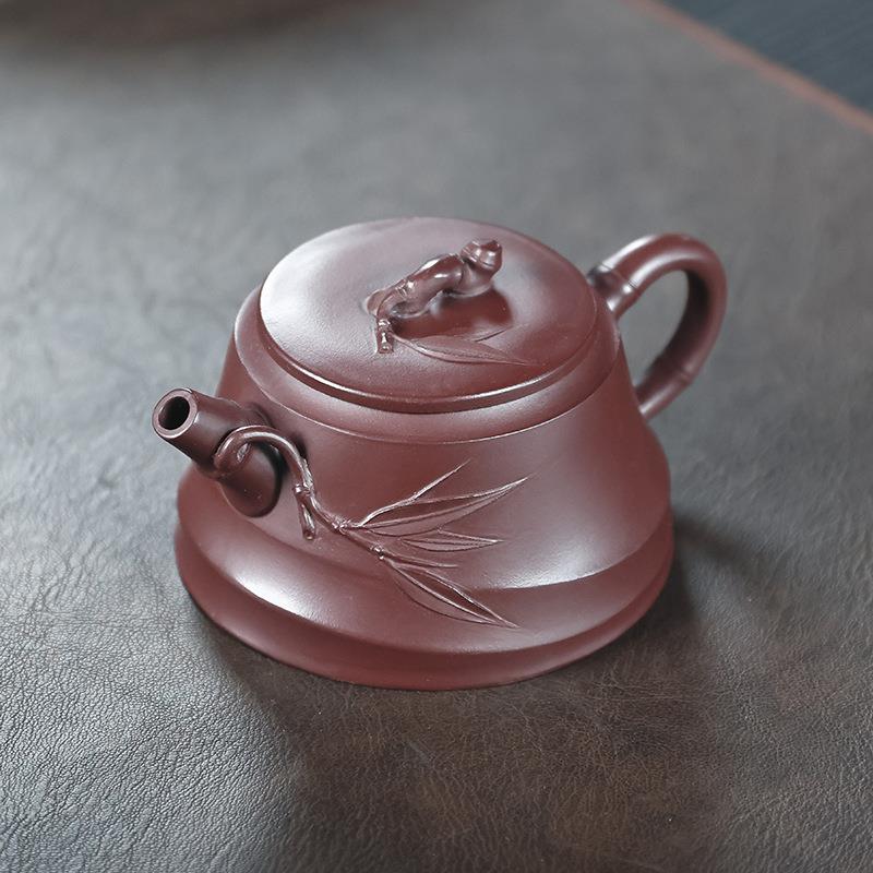 宜兴紫砂茶壶茶具原矿紫泥斜竹紫砂壶纯手工贴竹叶功夫家用单壶