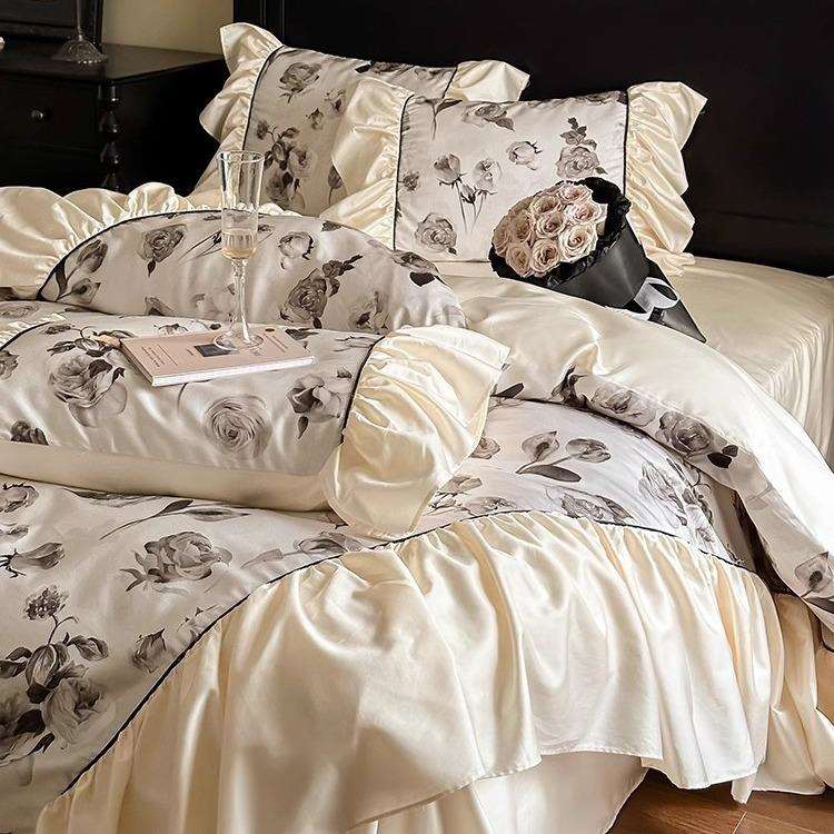 法式100S天丝棉四件套浪漫花卉印花荷叶边被套柔软四季款床上用品