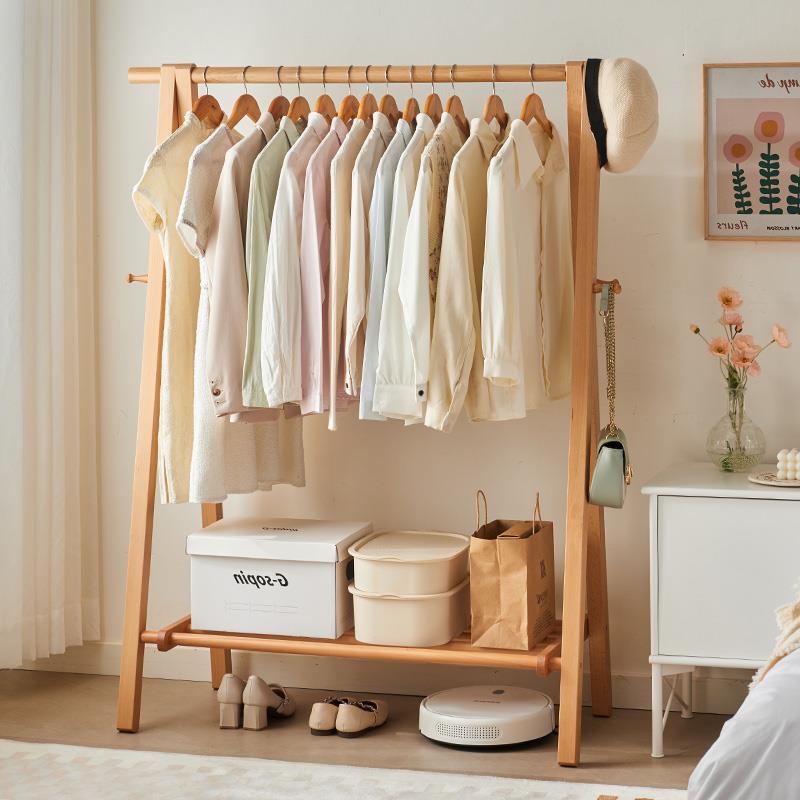 实木衣架落地家用室内挂衣架榉木质衣帽架卧室房间简易晾衣服架子