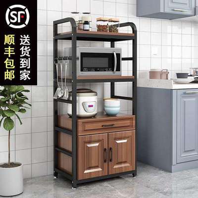 欧式厨房微波炉置物架家用烤箱多层落地收纳架储物柜带柜门带抽屉