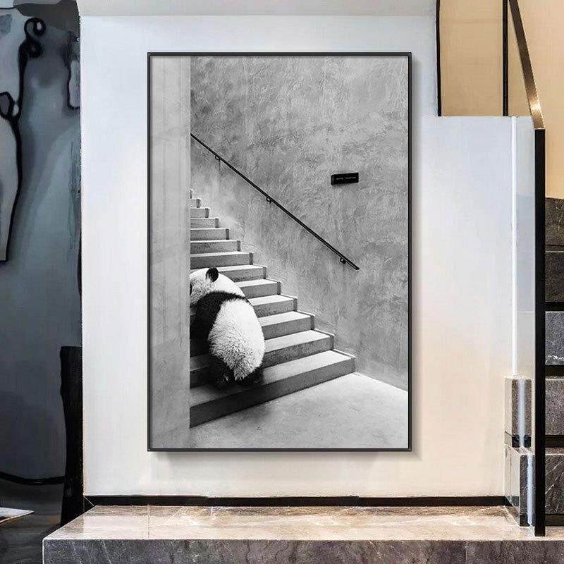 熊猫装饰画黑白灰楼梯墙挂画工业风动物玄关壁画现代简约客厅壁画