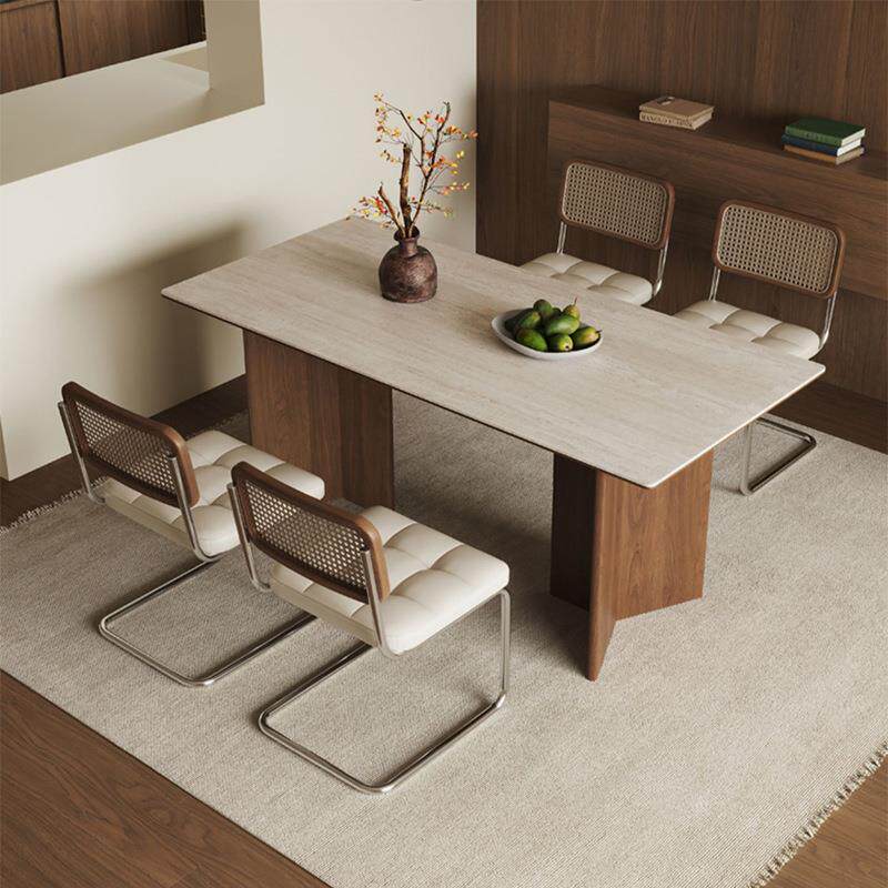 中古风洞石岩板实木餐桌椅组合家用小户型法式复古胡桃木色饭桌