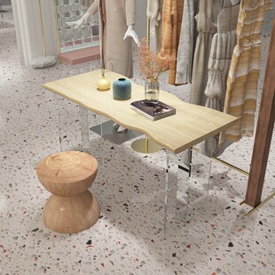 服装店亚克力悬浮桌展示桌子中间摆放流水台诧寂实木长方形中岛台