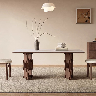 中古风实木餐桌长方形设计师高级感小户型家用北欧白色岩板餐桌椅