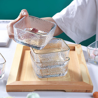 。四方玻璃碗商用家用日式锤纹金边透明方形甜品水果零食沙拉小吃