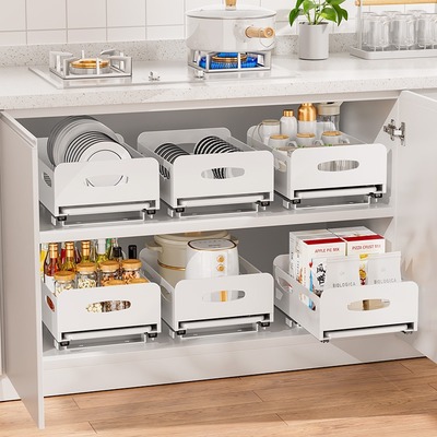 厨房碗碟置物架橱柜抽屉收纳分隔内置拉篮碗盘沥水架抽拉式杯子架