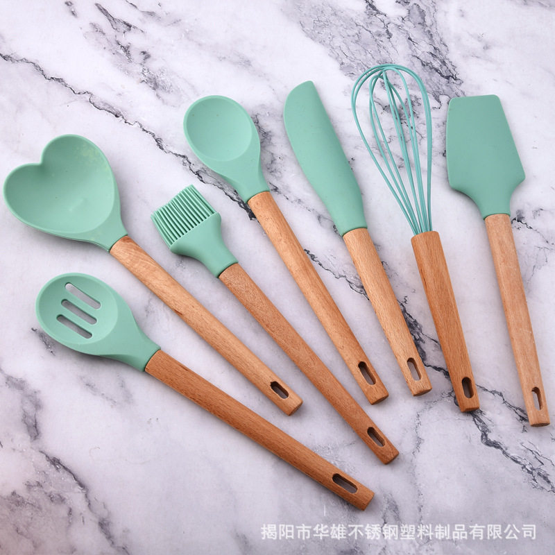 现代简约风家用勺铲套件 塑料木柄硅胶烹饪铲勺烘焙打蛋器八件套