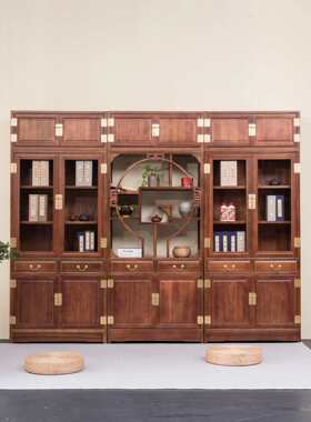 印尼红檀木中式豪华全实木书柜三组合书橱展示架置物储物柜多宝阁