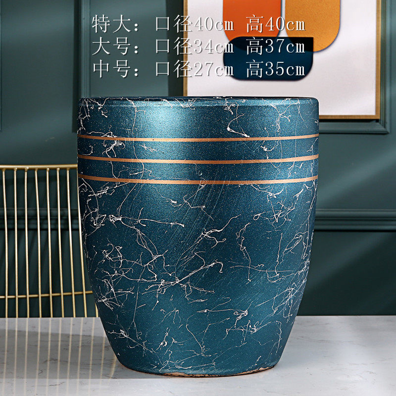北欧轻奢大理石纹特大号圆柱竖纹陶瓷花盆40厘米超大口径落地种树