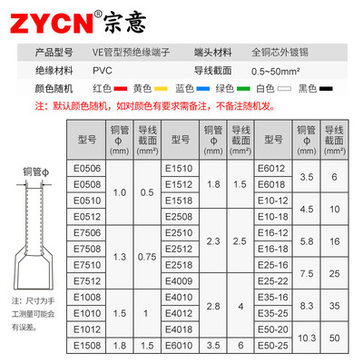 管型接线端子E2510 预绝缘全铜针形欧式冷压线鼻子电线接头连接器