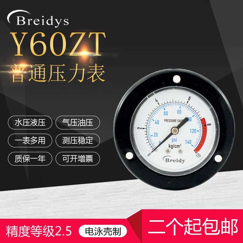 压力表Y60ZT轴向带边压力表气动表水压表2分牙0-1.6mpa卡口压力表