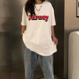 短袖 显白学生上衣潮 白色t恤女2025夏季 宽松简约字母印花百搭个性