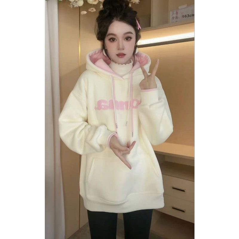 秋冬新款加绒加厚连帽卫衣女卫衣韩版宽松休闲百搭保暖上衣外套潮