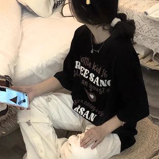 300斤大码 夏季 复古原宿港风2 显瘦短袖 胖MM上衣潮 t恤女宽松百搭款