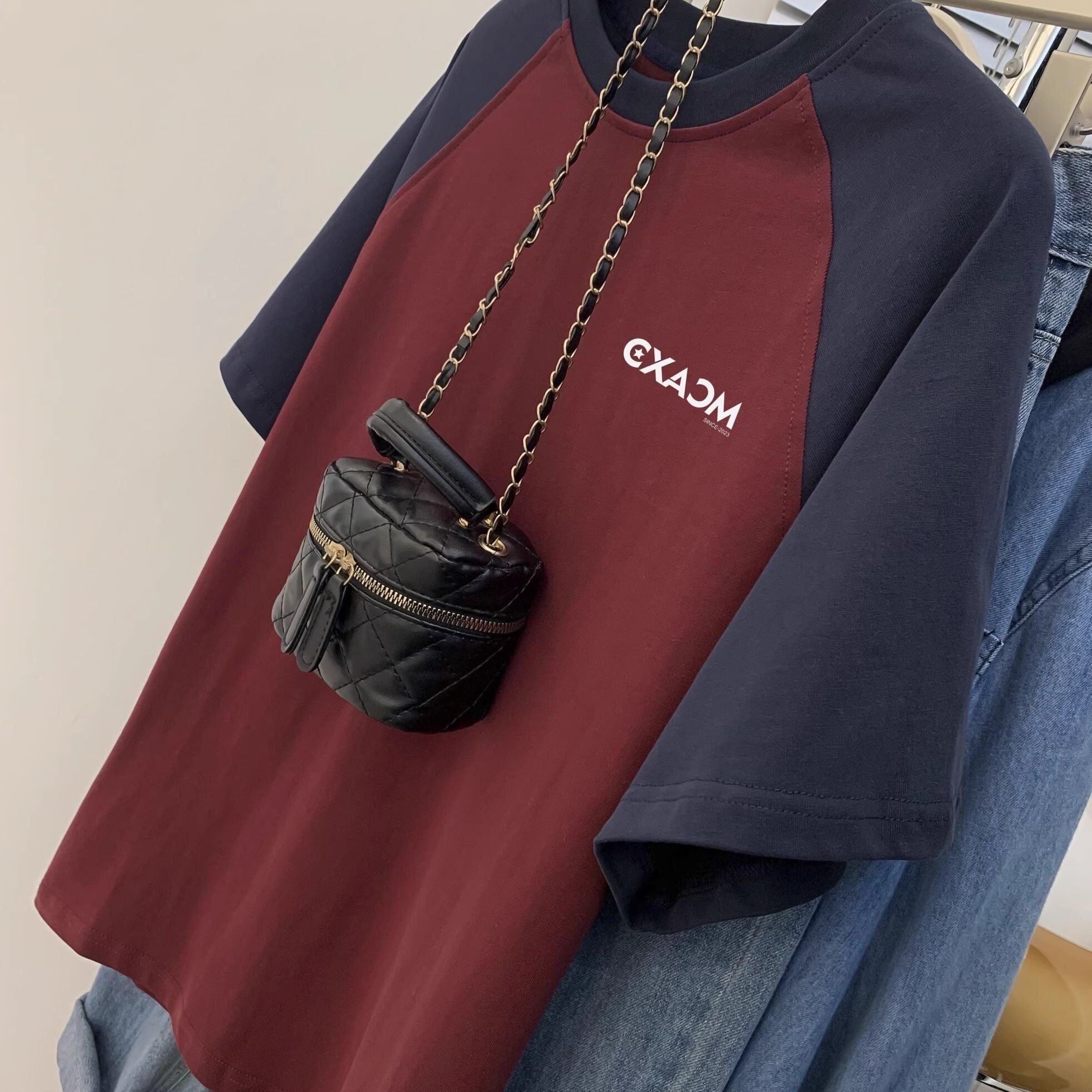 2026夏季新款复古大码胖妹妹插肩撞色t恤短袖女显瘦宽松百搭上衣