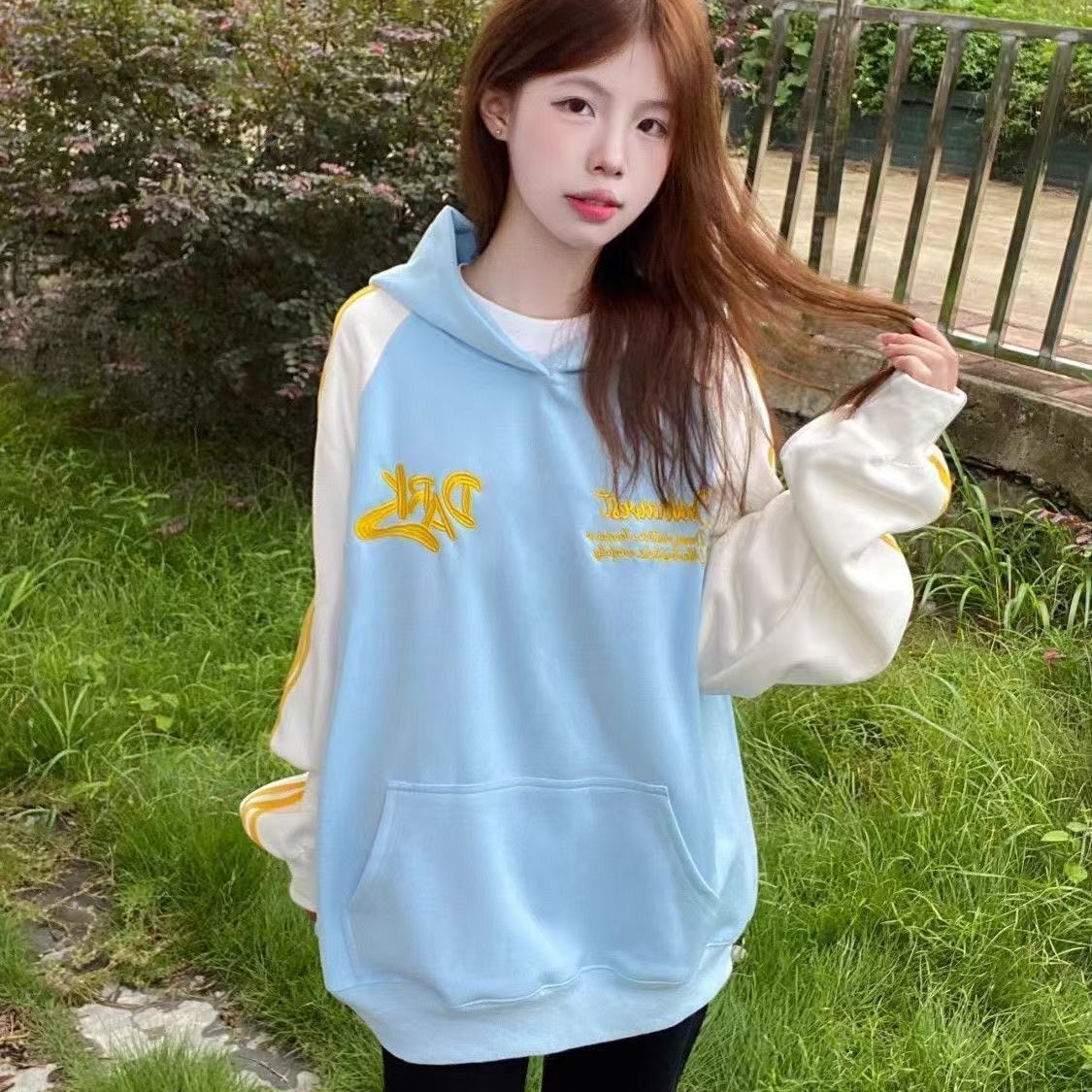 韩版hiphop慵懒甜美baby蓝帽衫设计感插肩条纹百搭校园风连帽卫衣