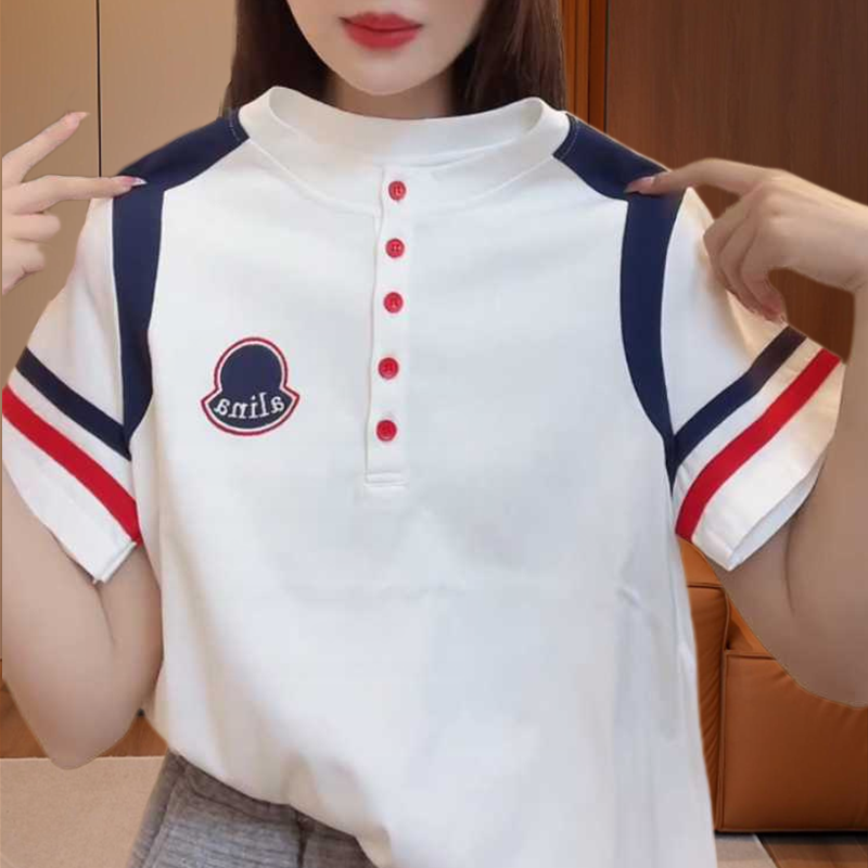 夏季新款撞色纽扣显瘦短袖T恤女
