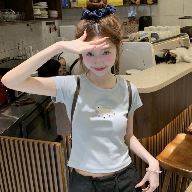 夏季新款女装正肩修身印花甜辣上衣设计感小众短款短袖黄色T恤潮