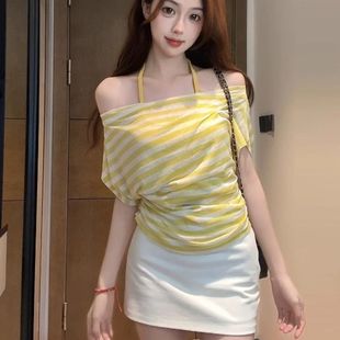 假两件修身 夏季 显瘦露肩甜美纯色条纹一字肩挂脖上衣女百搭t恤女