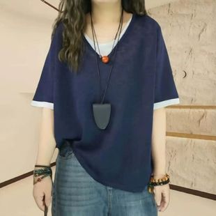 假两件撞色正肩短袖 微胖百搭减龄显瘦上衣 t恤女胖mm2025新款 夏季