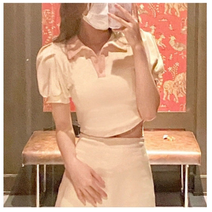 泡泡袖 上衣 polo领学院风正肩短袖 T恤女夏辣妹露脐显瘦设计感短款