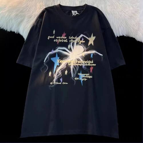美式复古星星蜘蛛短袖t恤男2026夏季情侣宽松欧美潮牌hiphop上衣