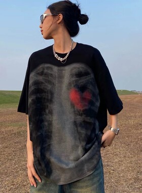 新款国潮美式街头X光影像印花短袖T恤男女宽松休闲ins上衣潮2026