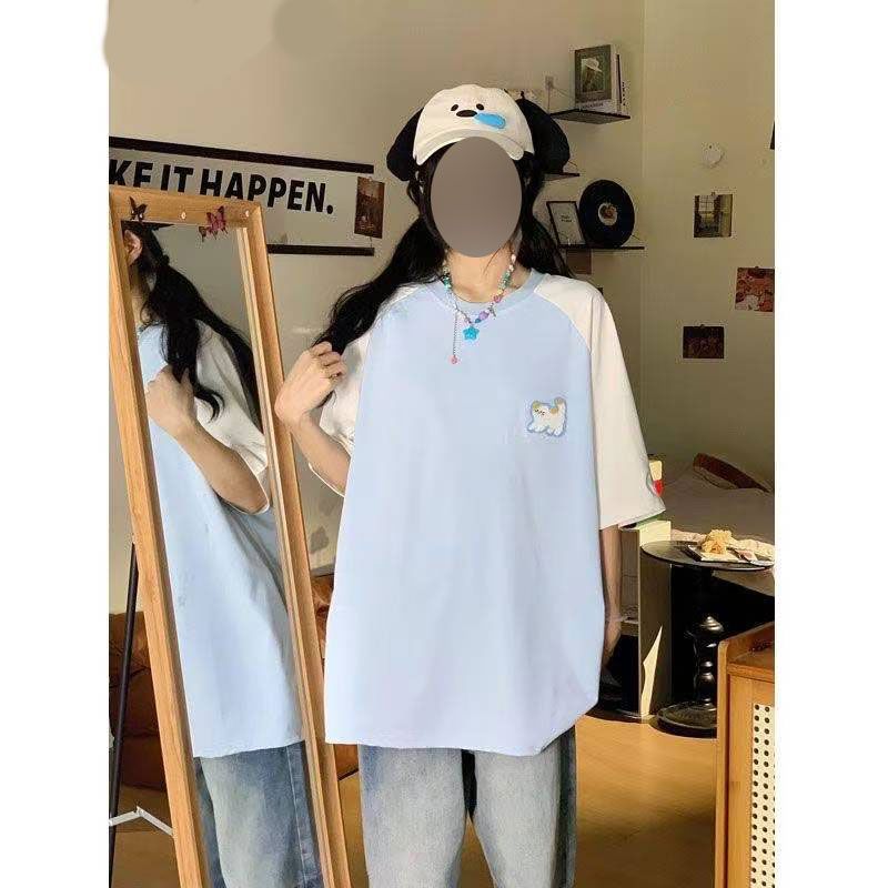美式甜酷猫咪撞色拼接短袖t恤女夏季新款设计感小众宽松可爱上衣