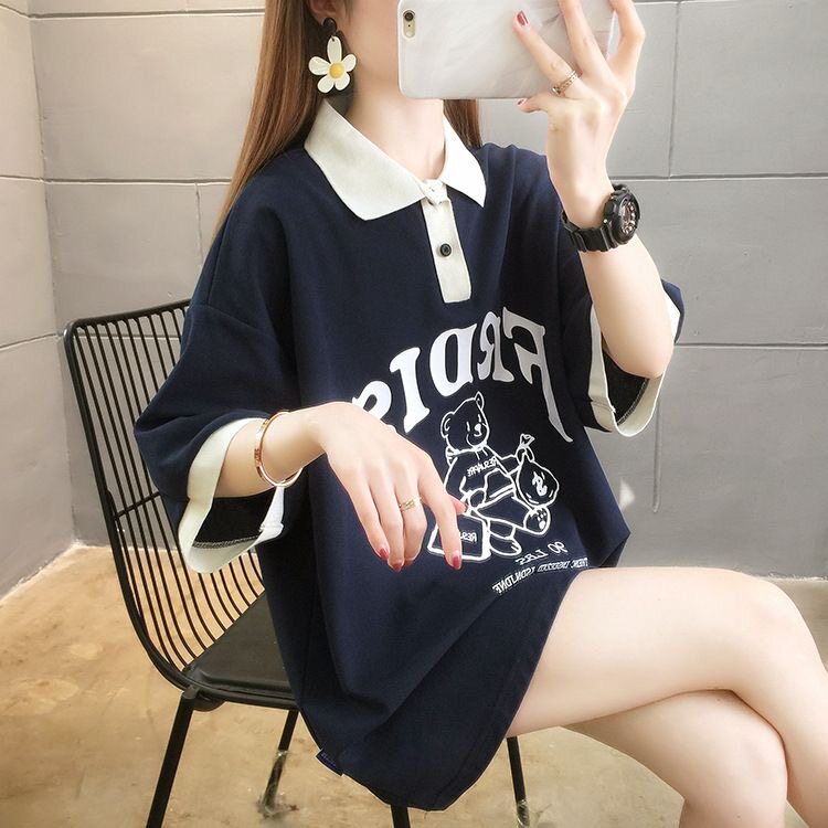 2026夏季新款韩版短袖t恤女学生卡通撞色翻领上衣中长款女装百搭