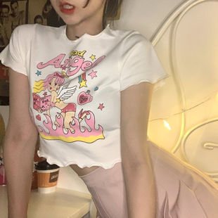 新款 修身 白色木耳边T恤女2025夏季 韩版 上衣ins潮 显瘦甜辣短袖 短款