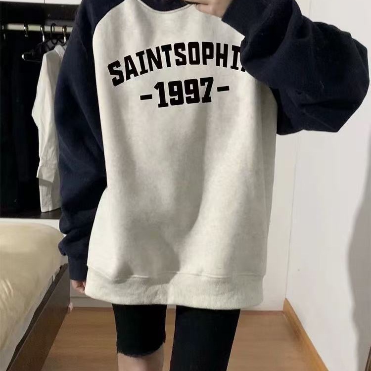 韩系风格插肩袖卫衣女秋冬季2025新款加绒加厚美式正肩漂亮上衣潮