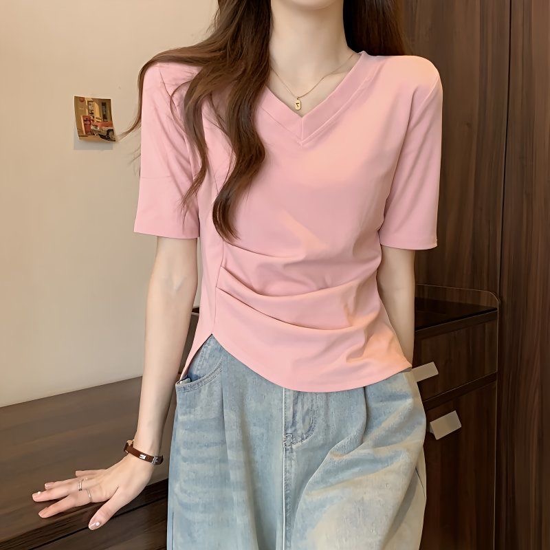 2025新款夏季短袖T恤女修身显瘦辣妹风美式百搭正肩上衣不规则