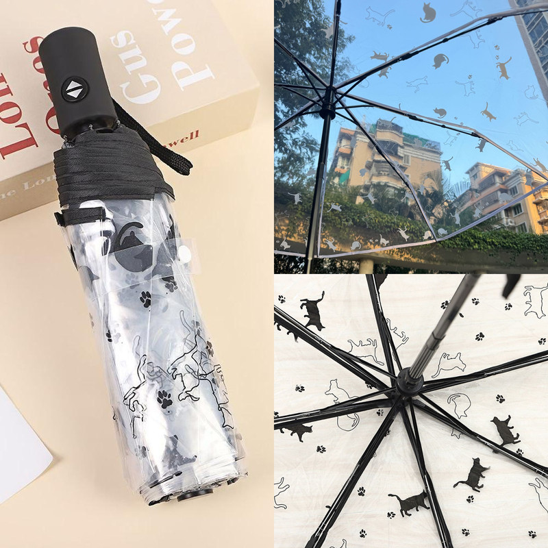 文艺日系猫咪轻量自动折叠透明雨伞成人孩童清新简约可爱伞具