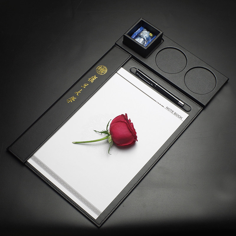 皮质a4会议夹垫板商务写字w便签夹桌台板垫茶水杯孔X酒店用品定制