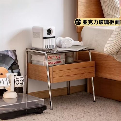 镜湖床头柜极简樱桃木边柜北欧卧室小户型省空间家用实木收纳柜